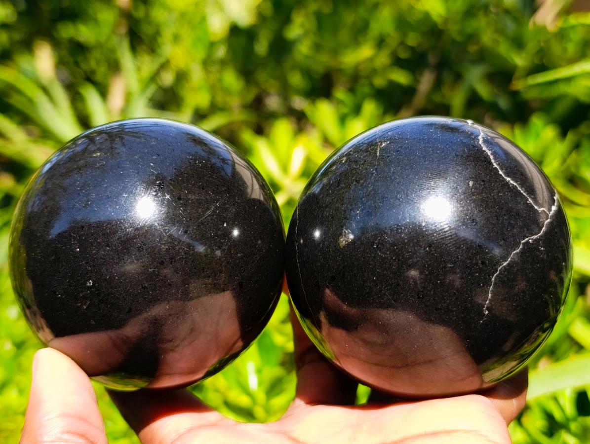 Polished Black Basalt Spheres x 3 From Madagascar - Toprock Gemstones and Minerals 