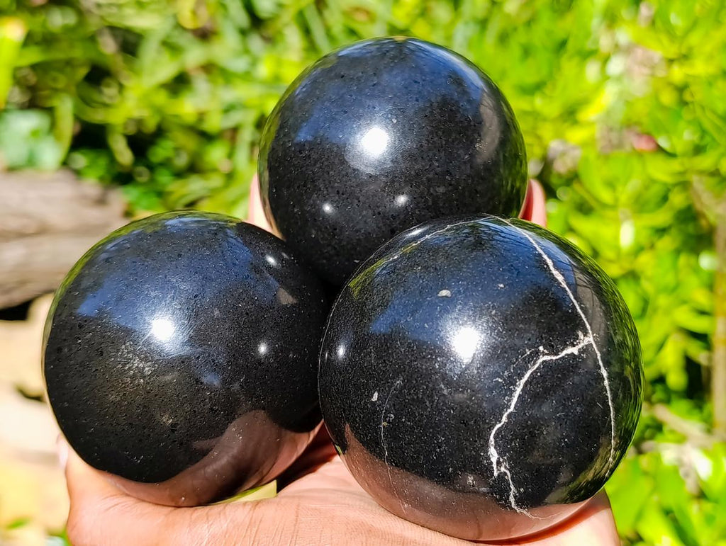 Polished Black Basalt Spheres x 3 From Madagascar - Toprock Gemstones and Minerals 
