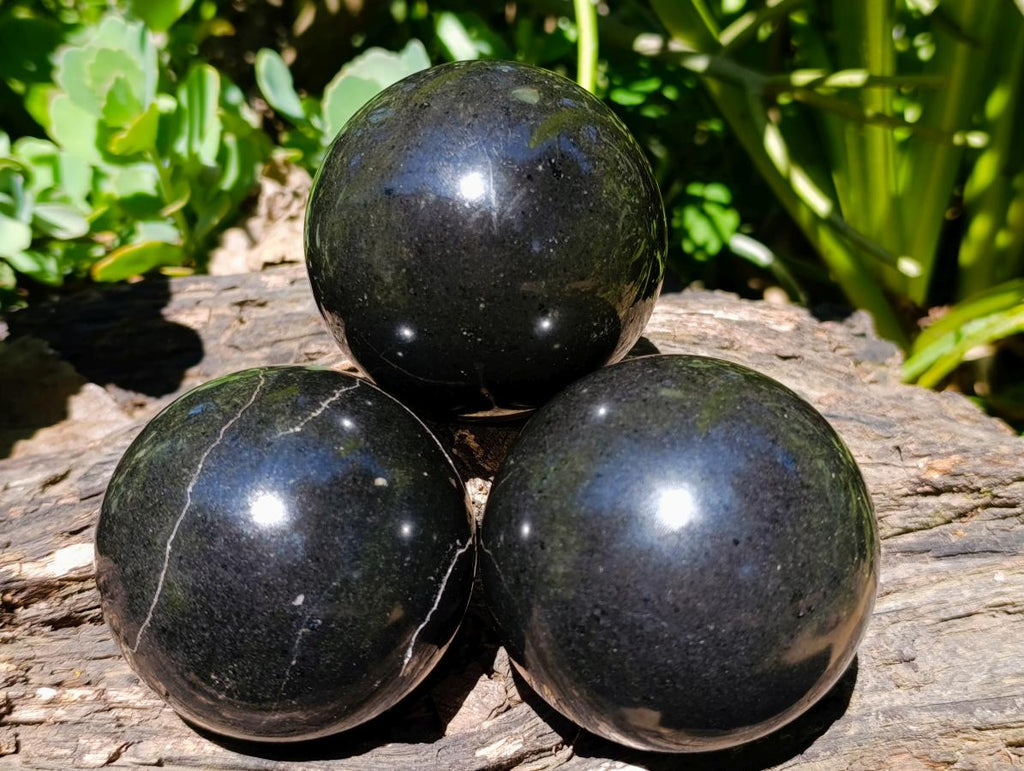 Polished Black Basalt Spheres x 3 From Madagascar - Toprock Gemstones and Minerals 