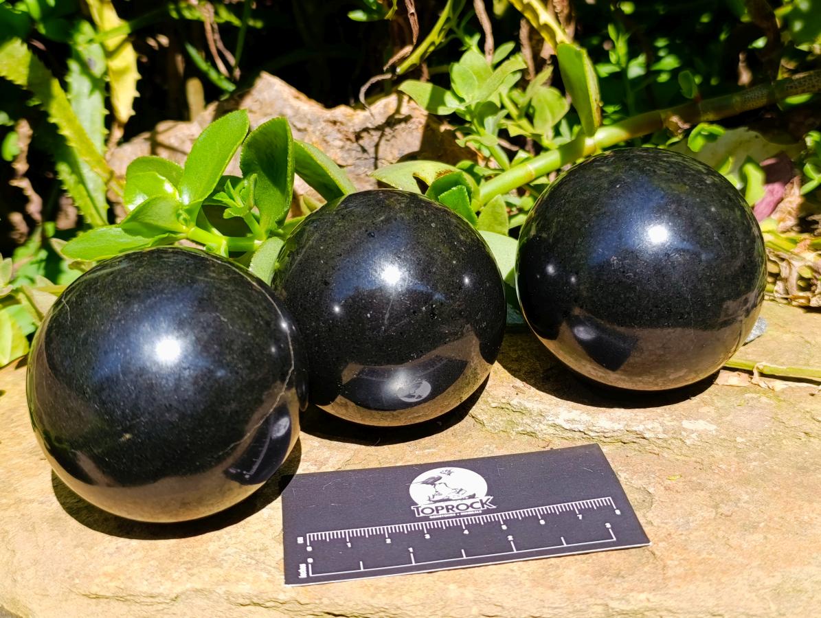 Polished Black Basalt Spheres x 3 From Madagascar - Toprock Gemstones and Minerals 
