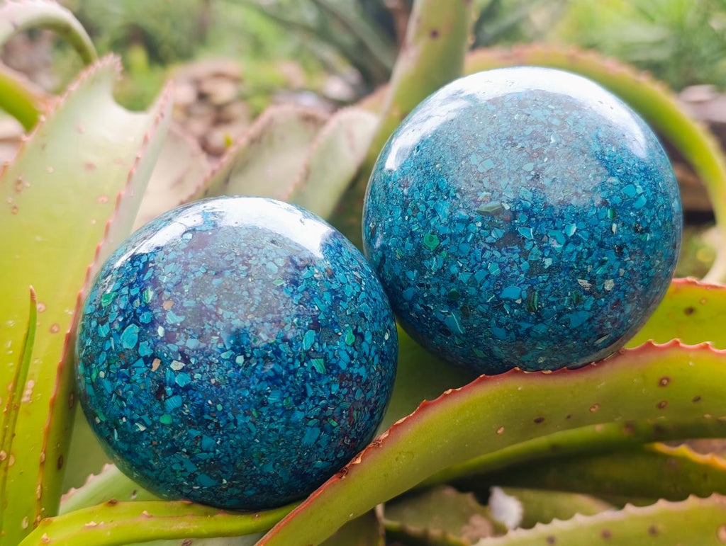 Hand Made Conglomerate Chrysocolla Spheres With Azurite And Malachite x 2 From Congo - Toprock Gemstones and Minerals 