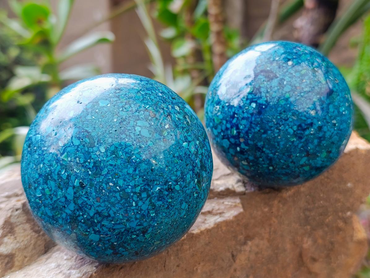 Hand Made Conglomerate Chrysocolla Spheres With Azurite And Malachite x 2 From Congo - Toprock Gemstones and Minerals 