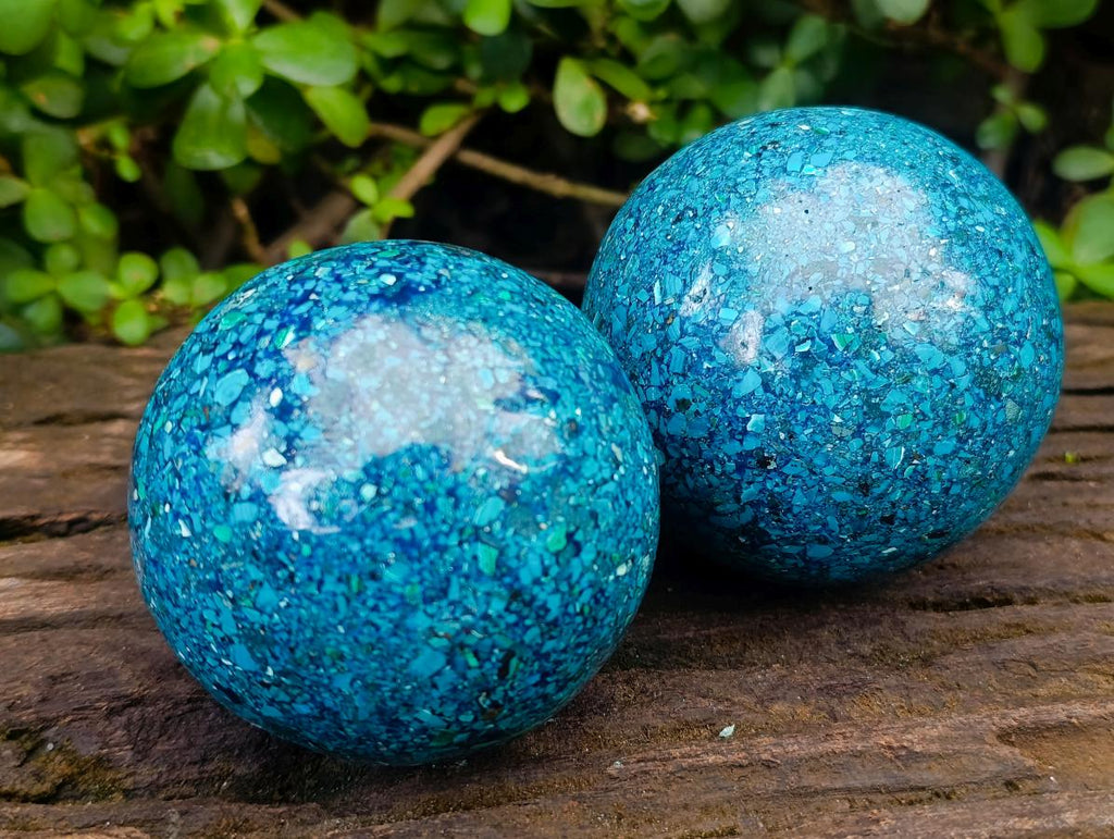 Hand Made Conglomerate Chrysocolla Spheres With Azurite And Malachite x 2 From Congo - Toprock Gemstones and Minerals 