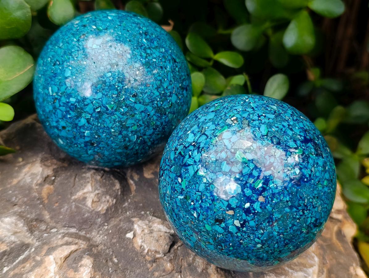 Hand Made Conglomerate Chrysocolla Spheres With Azurite And Malachite x 2 From Congo - Toprock Gemstones and Minerals 