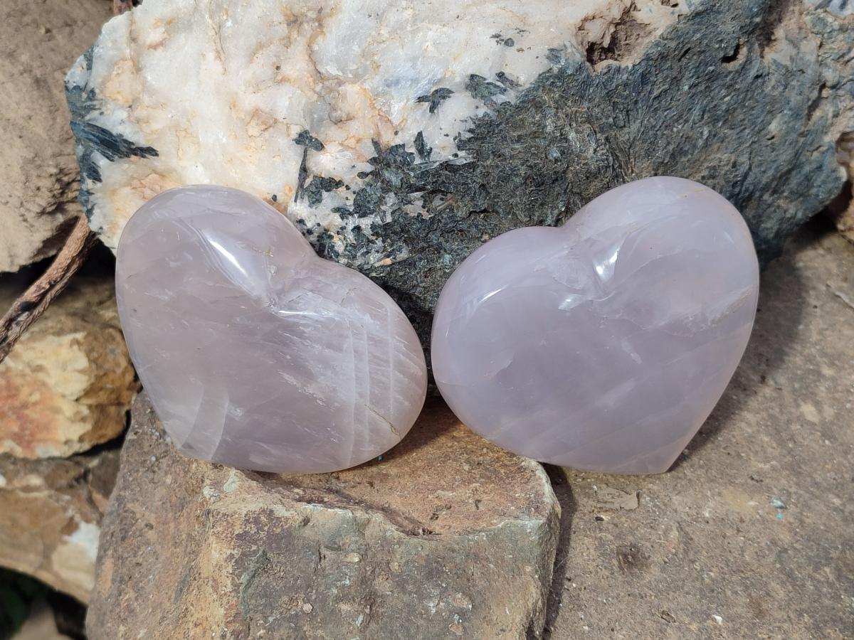 Polished Gemmy Girasol Rose Quartz Hearts x 3 From Madagascar - Toprock Gemstones and Minerals 