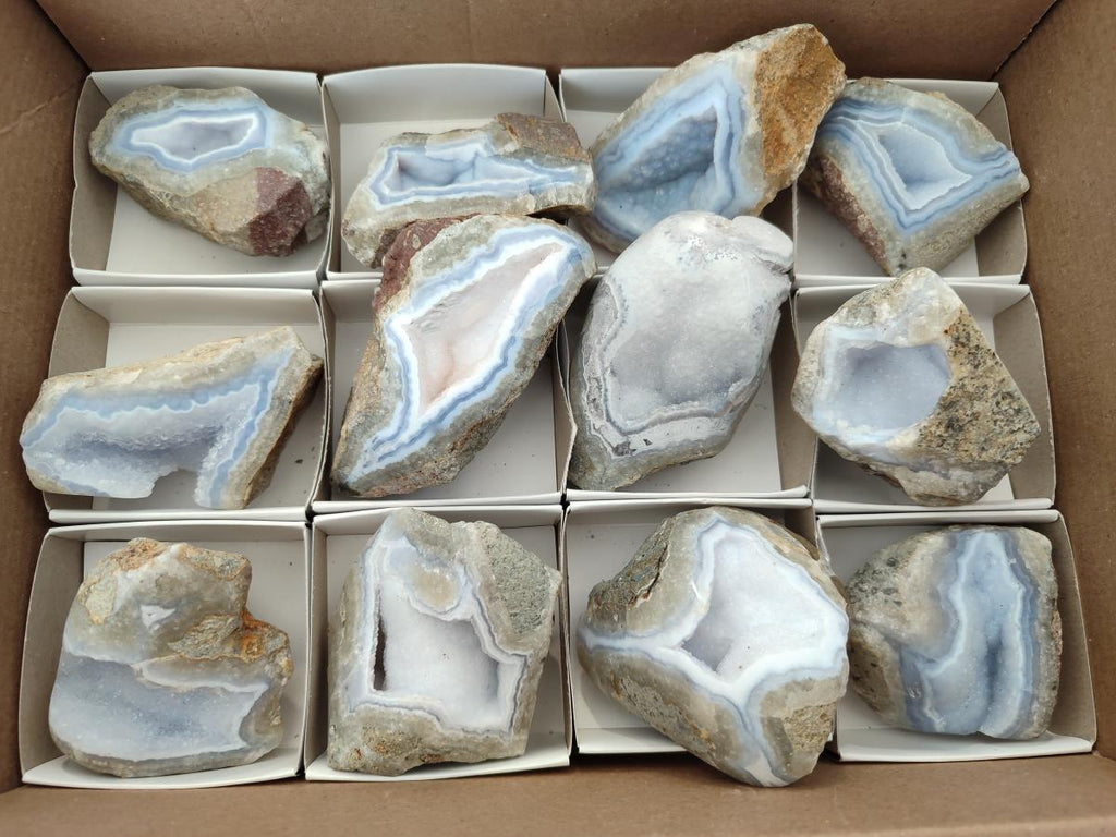 Polished On One Side Blue Lace Agate Geodes x 12 From Nsanje, Malawi - Toprock Gemstones and Minerals 