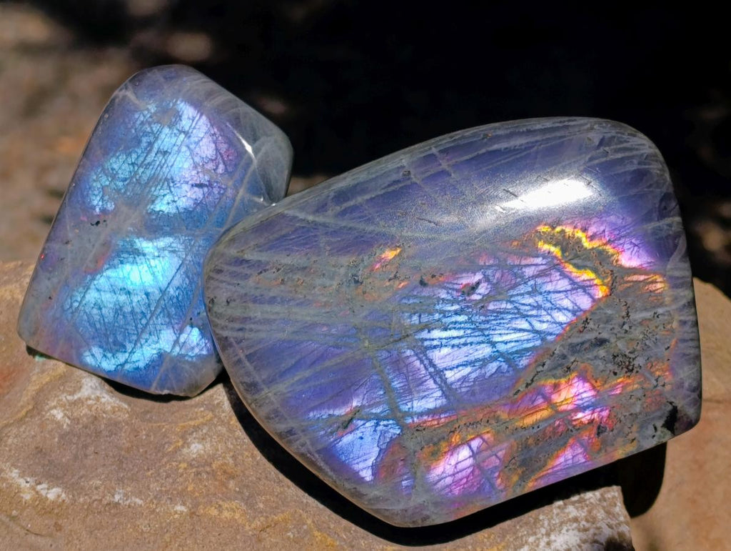 Polished Rare Purple Sunset Flash Labradorite Standing Free Forms x 3 From Madagascar - Toprock Gemstones and Minerals 