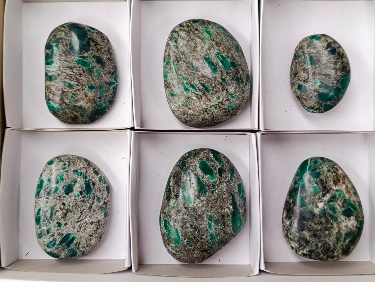 Polished Emerald Mica 'Mutokolite' Palm Stones x 6 From Mutoko, Zimbabwe - Toprock Gemstones and Minerals 