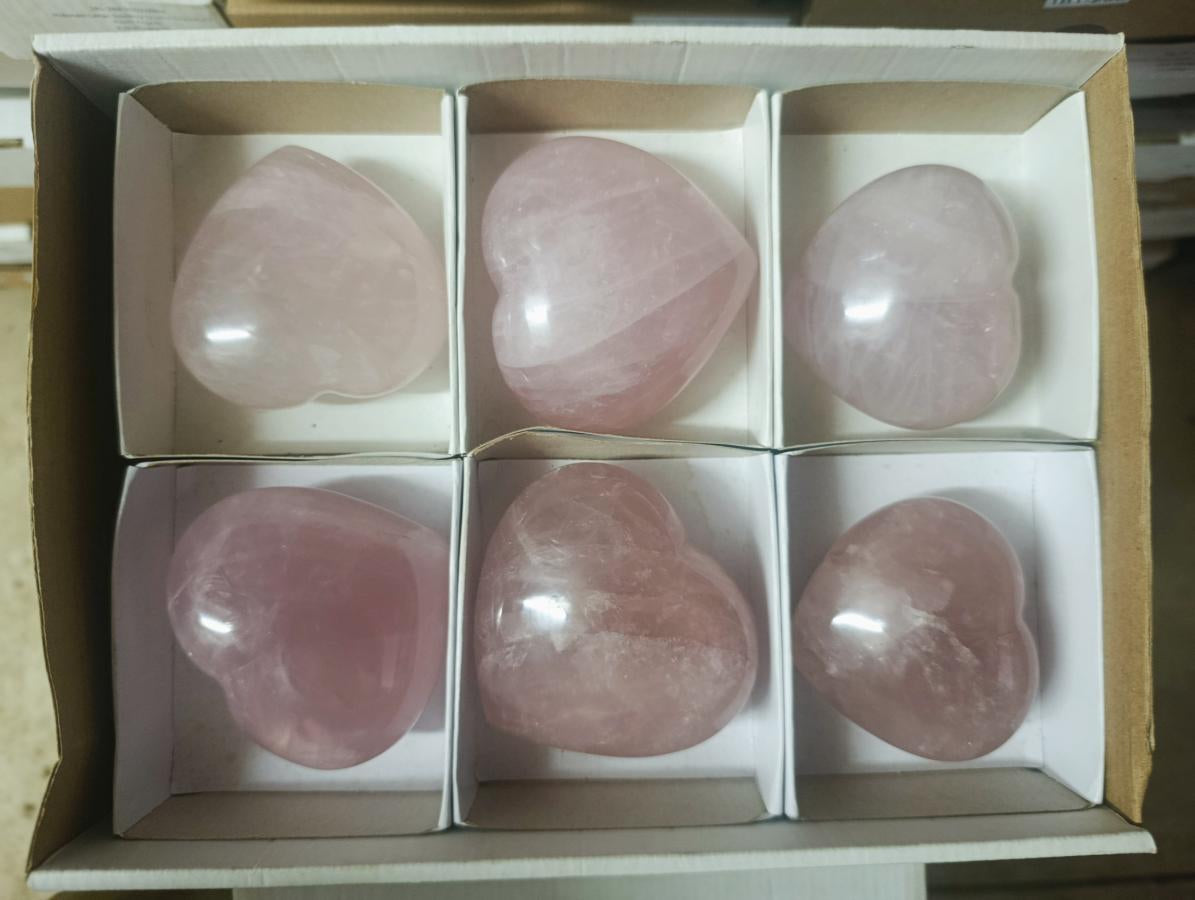 Polished Large Gemmy Rose Quartz Hearts x 6 From Madagascar - Toprock Gemstones and Minerals 