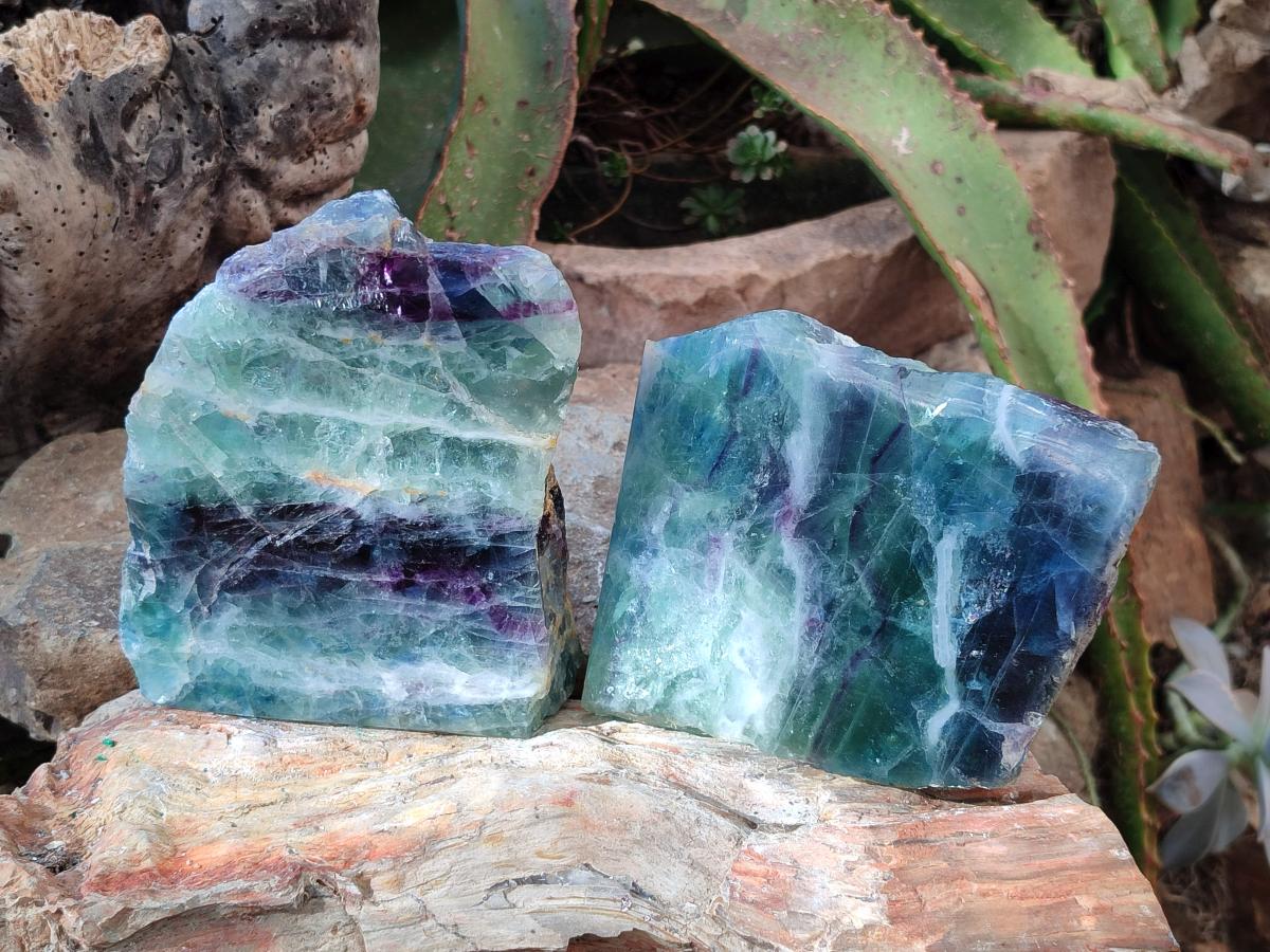 Polished On One Side Watermelon Fluorite Standing Display Pieces x 2 From Uis, Namibia - Toprock Gemstones and Minerals 