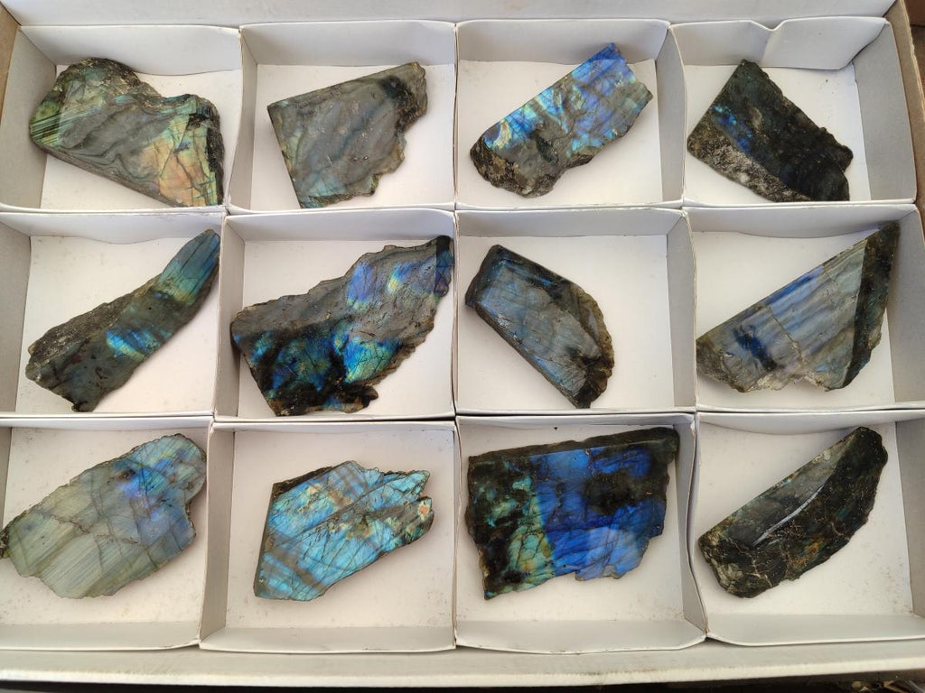 Polished One Side Labradorite Slices x 12 From Madagascar - Toprock Gemstones and Minerals 