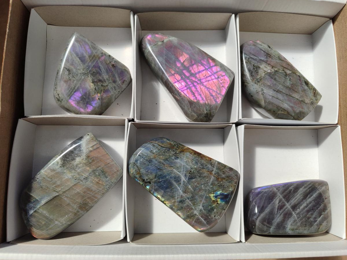 Polished Rare Purple Sunset Flash Labradorite Standing Free Forms x 6 From Madagascar - Toprock Gemstones and Minerals 