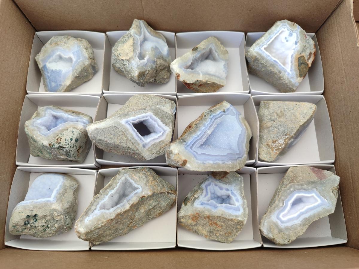 Polished On One Side Blue Lace Agate Geodes x 12 From Nsanje, Malawi - Toprock Gemstones and Minerals 
