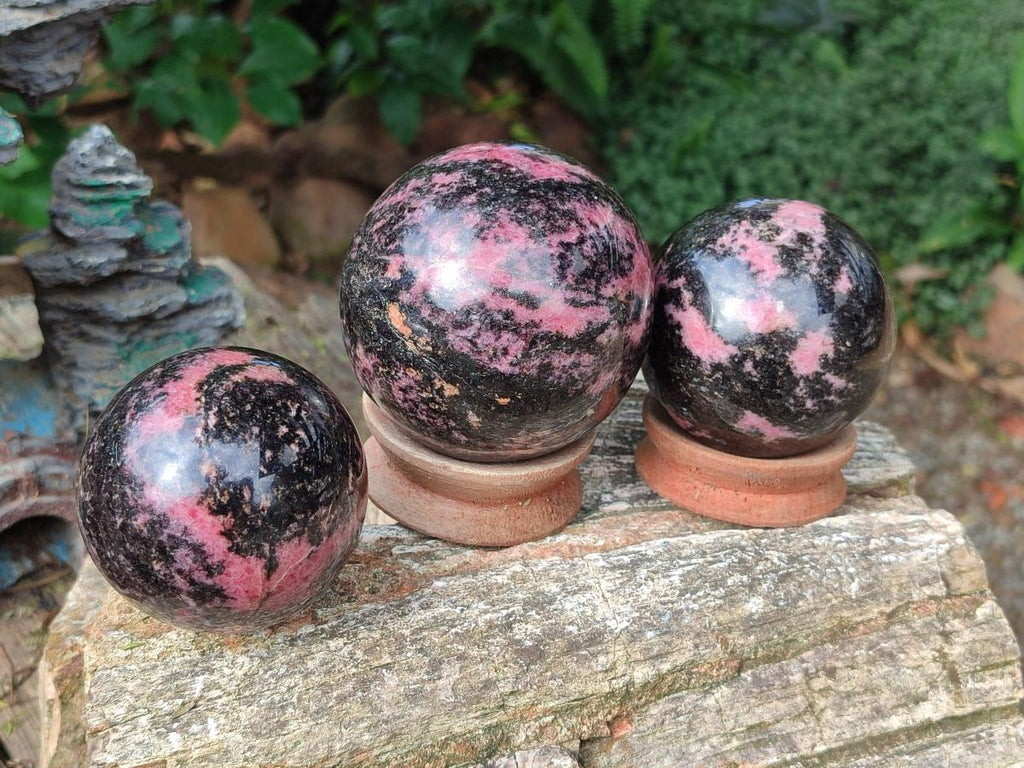 Polished Rhodonite Gemstone Spheres x 3 From Ambindavato, Madagascar - Toprock Gemstones and Minerals 