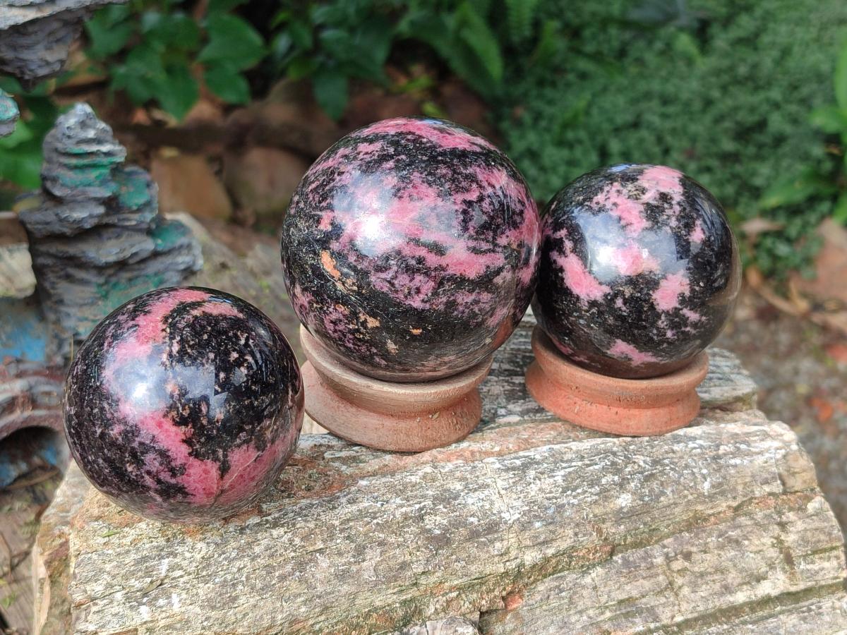 Polished Rhodonite Gemstone Spheres x 3 From Ambindavato, Madagascar - Toprock Gemstones and Minerals 