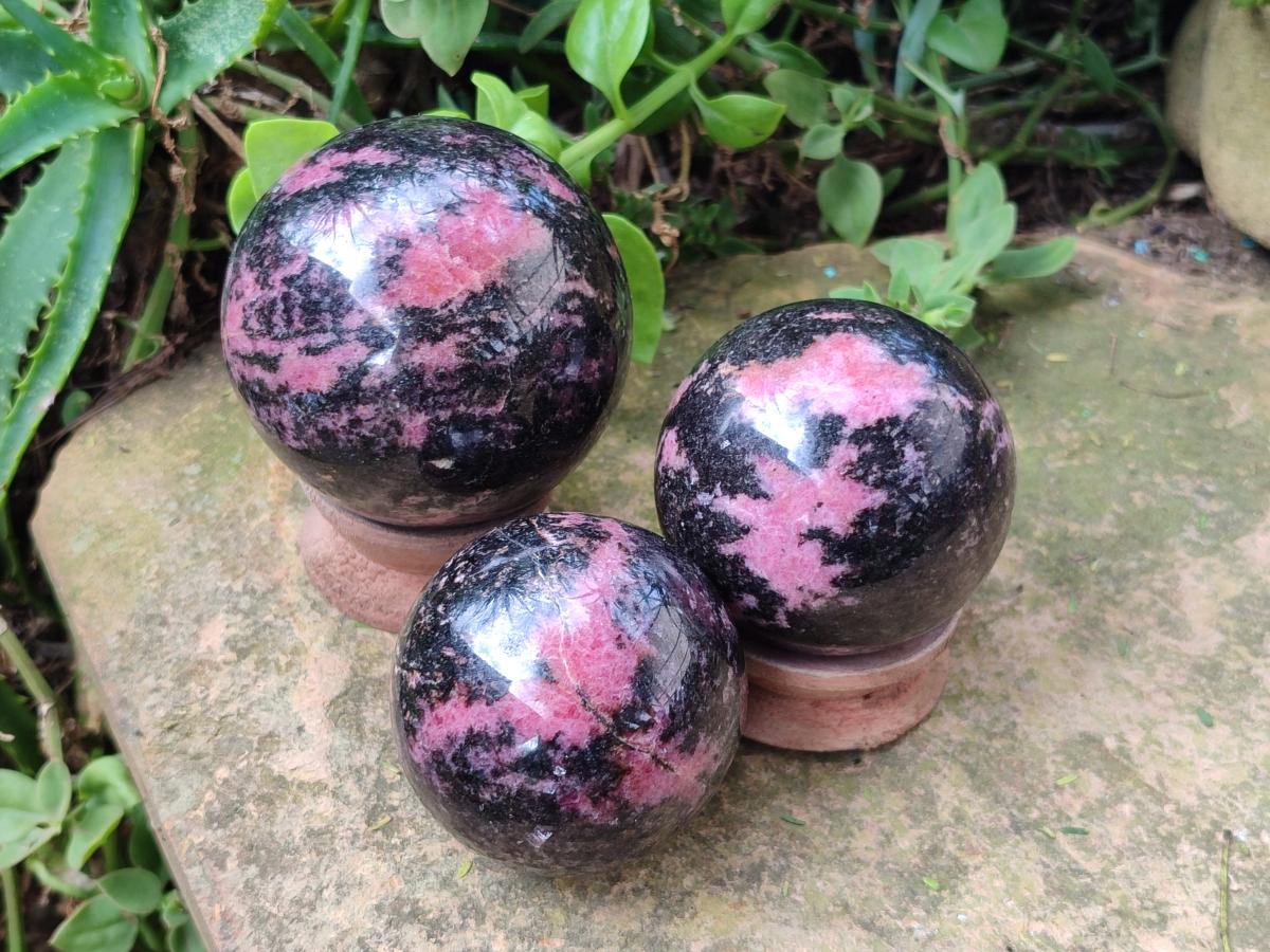 Polished Rhodonite Gemstone Spheres x 3 From Ambindavato, Madagascar - Toprock Gemstones and Minerals 