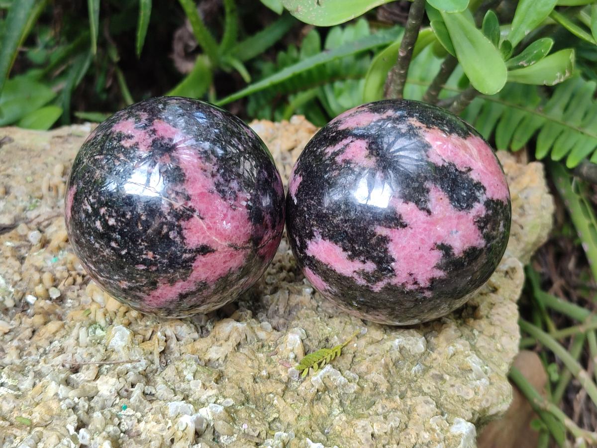 Polished Rhodonite Gemstone Spheres x 3 From Ambindavato, Madagascar - Toprock Gemstones and Minerals 
