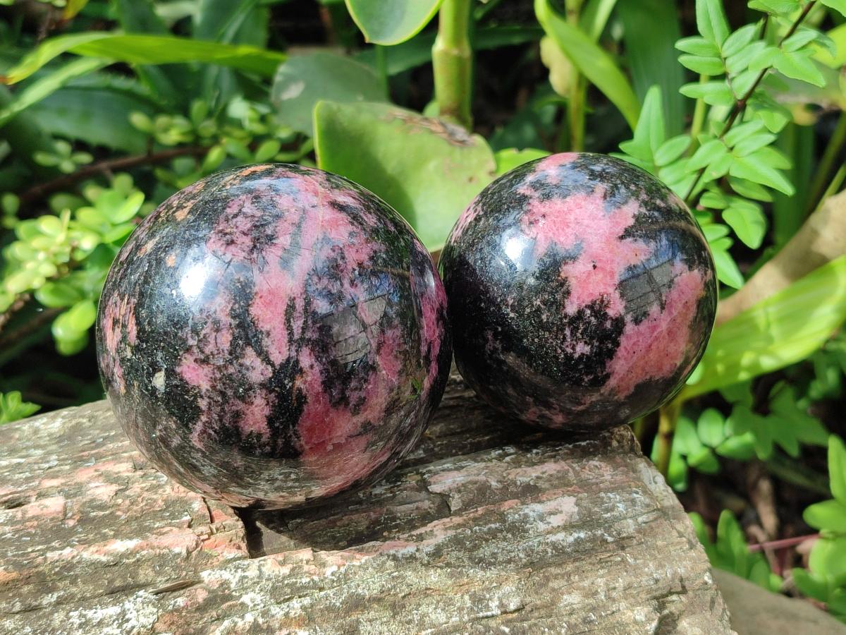 Polished Rhodonite Gemstone Spheres x 3 From Ambindavato, Madagascar - Toprock Gemstones and Minerals 