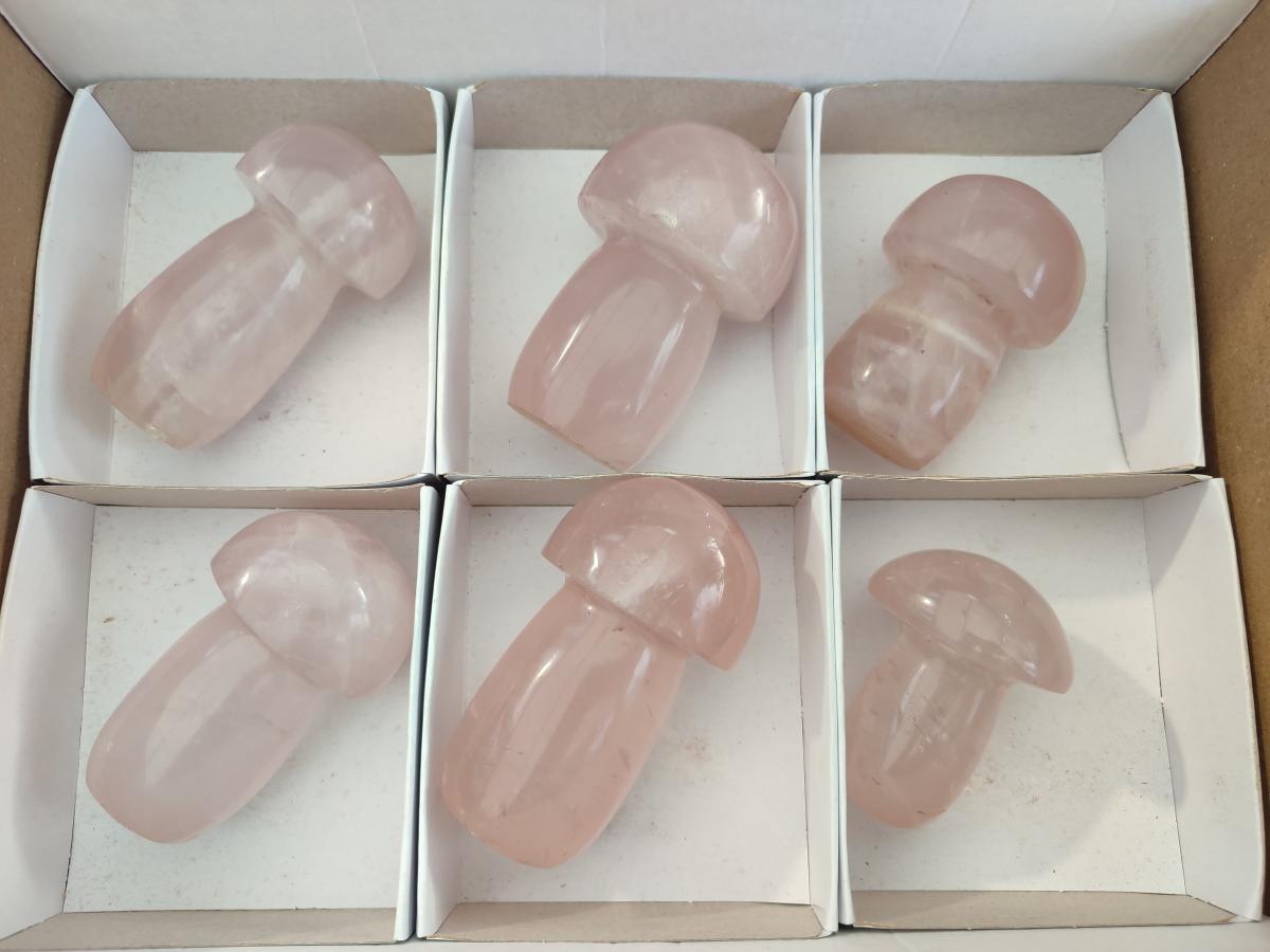 Polished Gemmy Rose Quartz Mushrooms x 6 From Madagascar - Toprock Gemstones and Minerals 