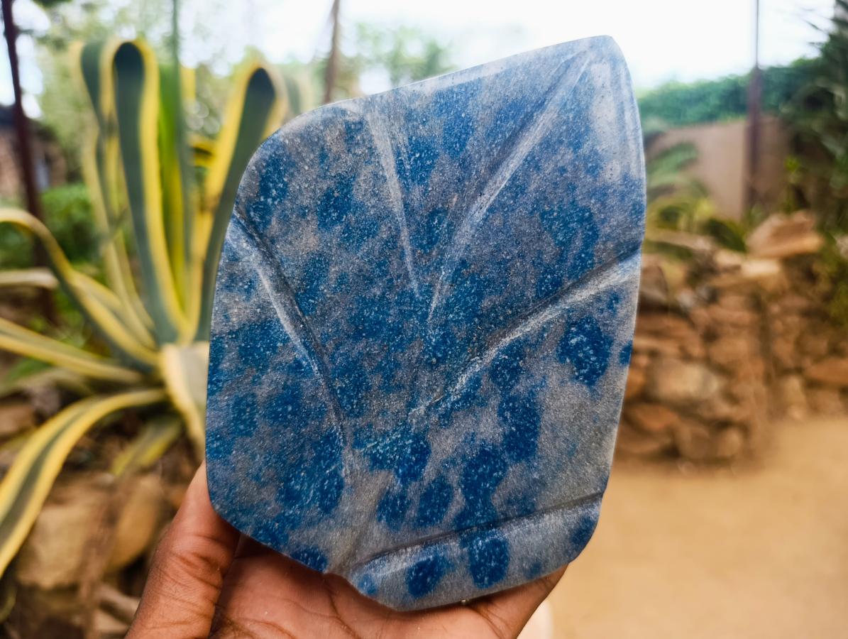 Polished Blue Spotted Spinel in Quartz Standing Leaf Sculptures x 2 From Madagascar - Toprock Gemstones and Minerals 