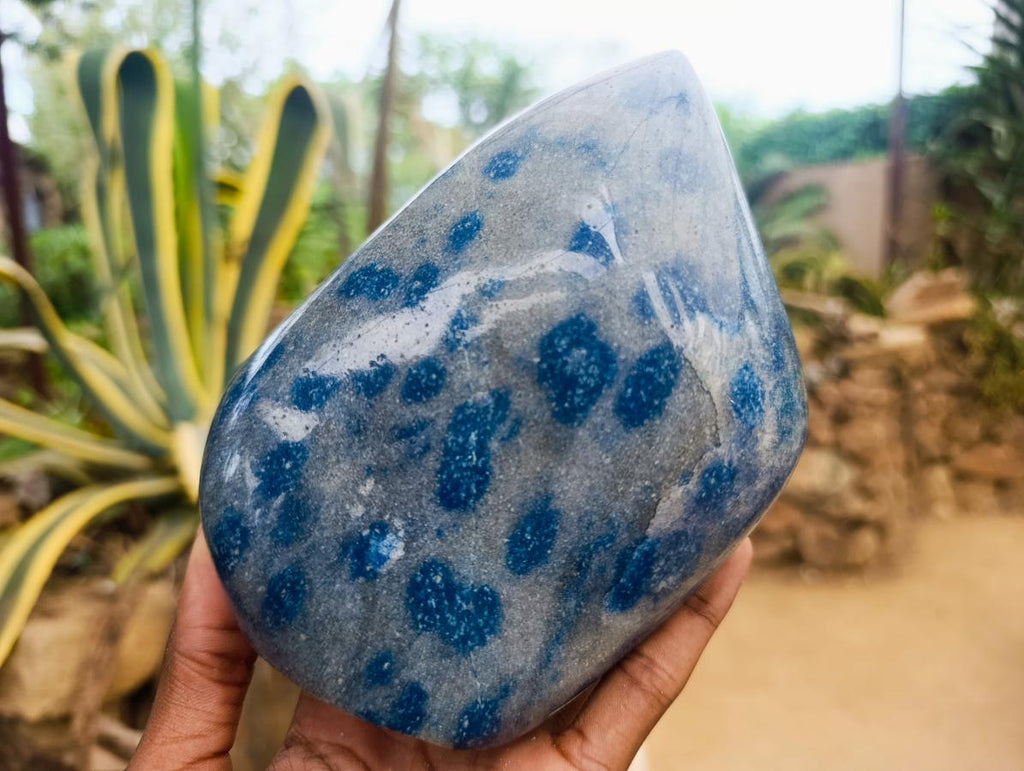 Polished Blue Spotted Spinel in Quartz Standing Leaf Sculptures x 2 From Madagascar - Toprock Gemstones and Minerals 