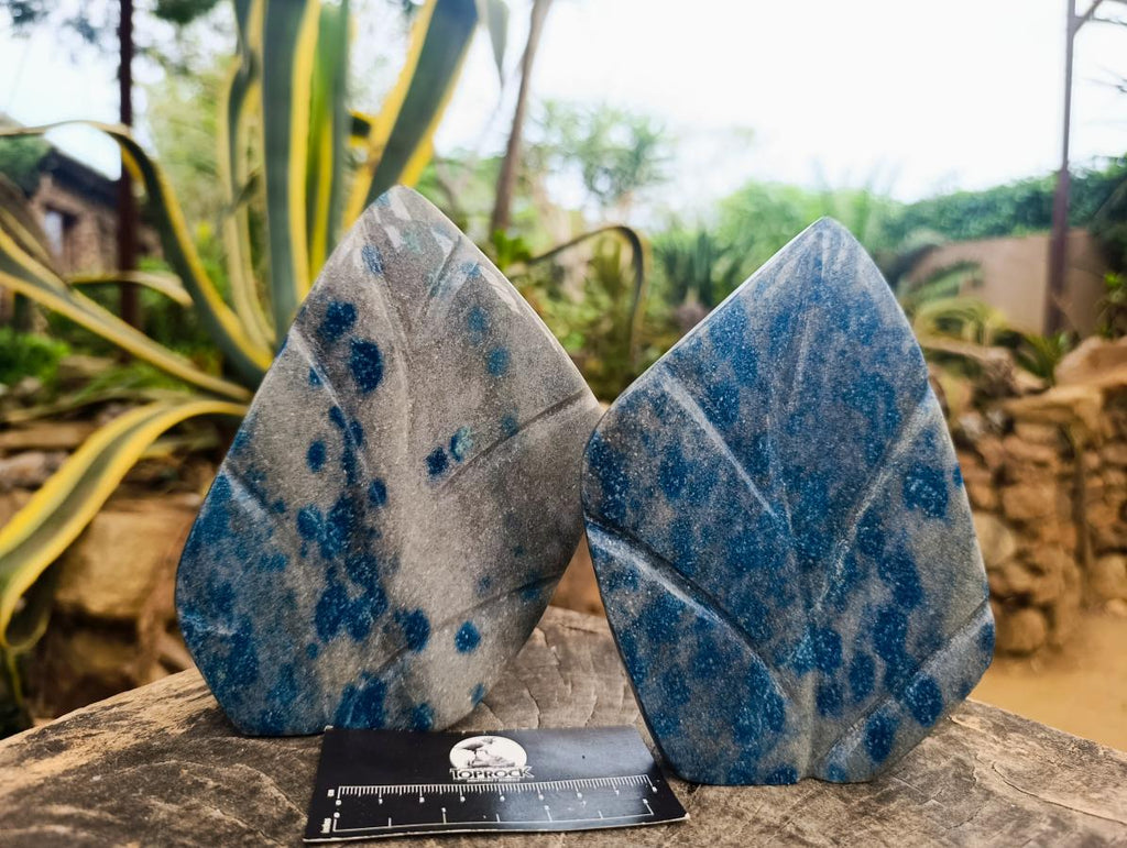 Polished Blue Spotted Spinel in Quartz Standing Leaf Sculptures x 2 From Madagascar - Toprock Gemstones and Minerals 