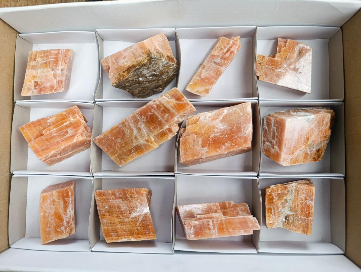 Natural Rhombohedral Sunset Orange Calcite Specimens x 12 From Spitzkop, Namibia - Toprock Gemstones and Minerals 
