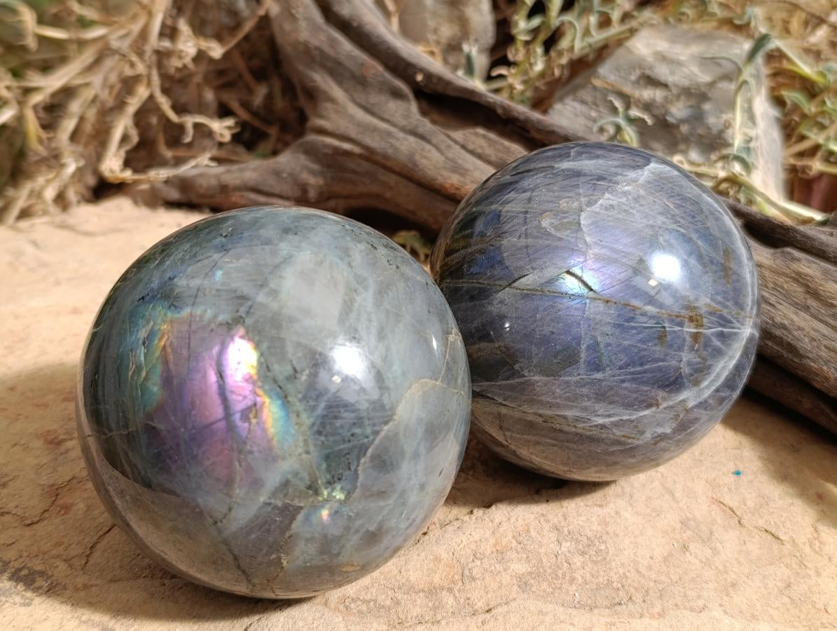 Polished Rare Purple Sunset Flash Labradorite Spheres x 2 From Madagascar - Toprock Gemstones and Minerals 
