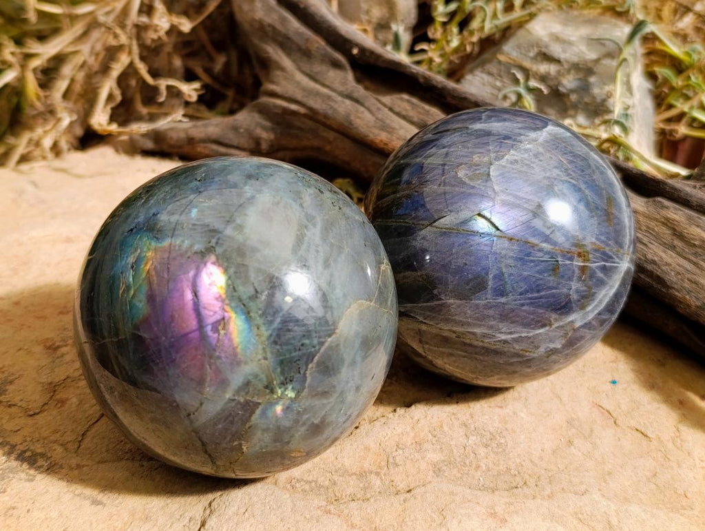 Polished Rare Purple Sunset Flash Labradorite Spheres x 2 From Madagascar - Toprock Gemstones and Minerals 