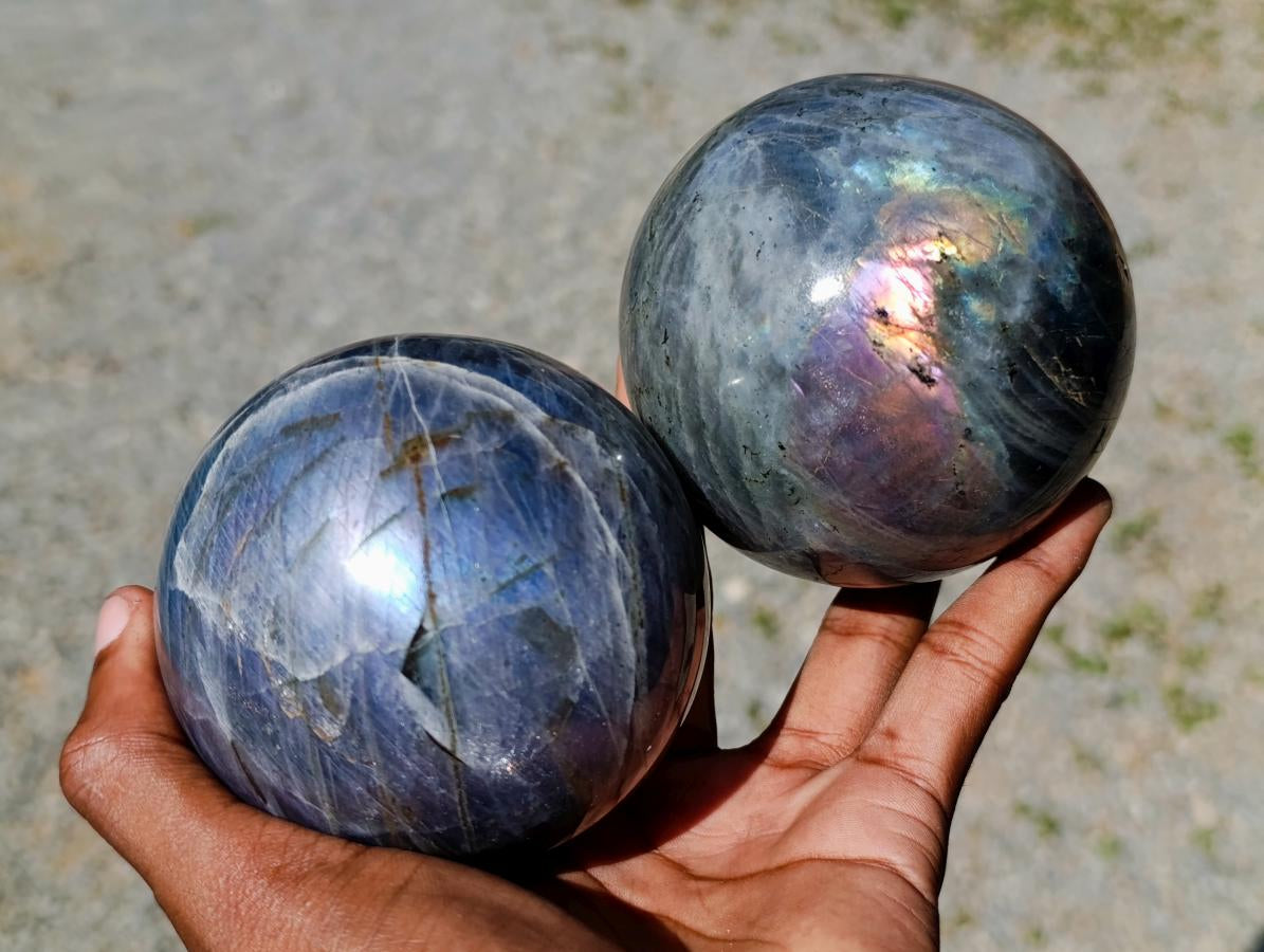 Polished Rare Purple Sunset Flash Labradorite Spheres x 2 From Madagascar - Toprock Gemstones and Minerals 