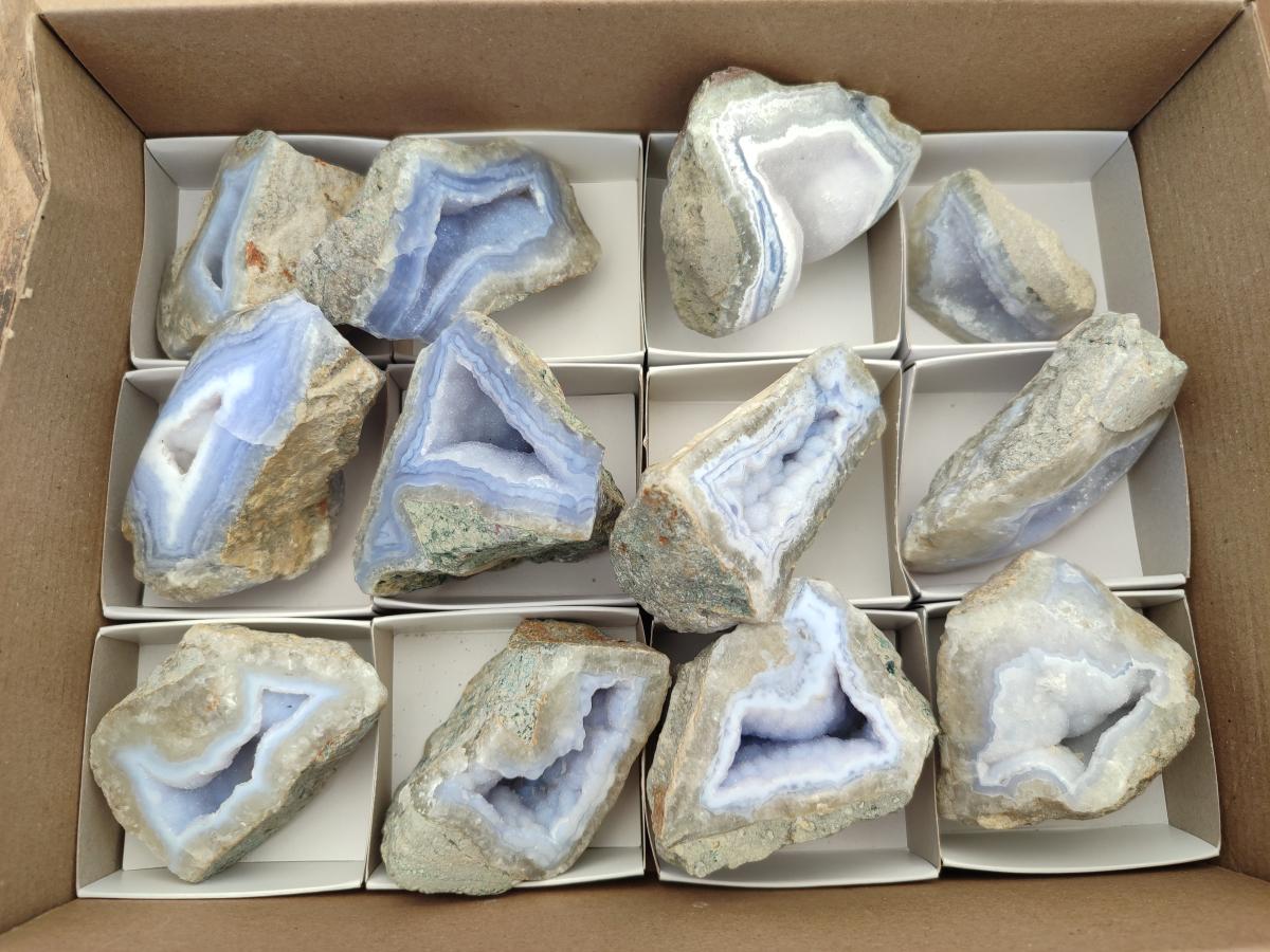 Polished On One Side Blue Lace Agate Geodes x 12 From Nsanje, Malawi - Toprock Gemstones and Minerals 