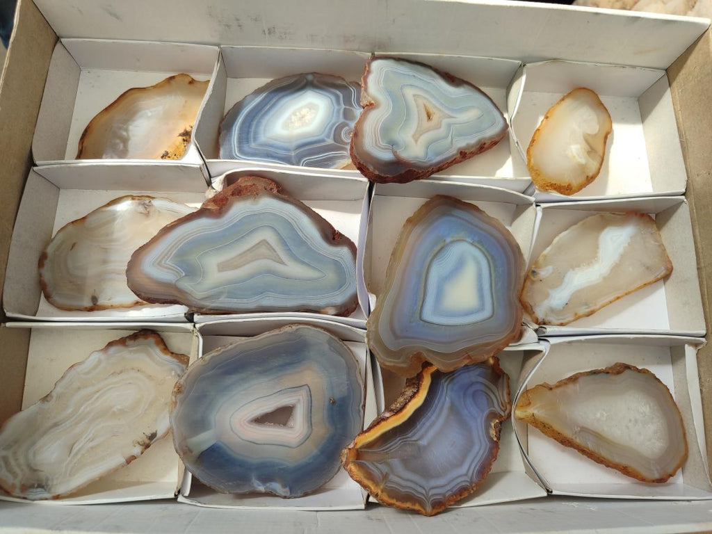 Polished Banded Agate Slices x 12 From Madagascar - Toprock Gemstones and Minerals 