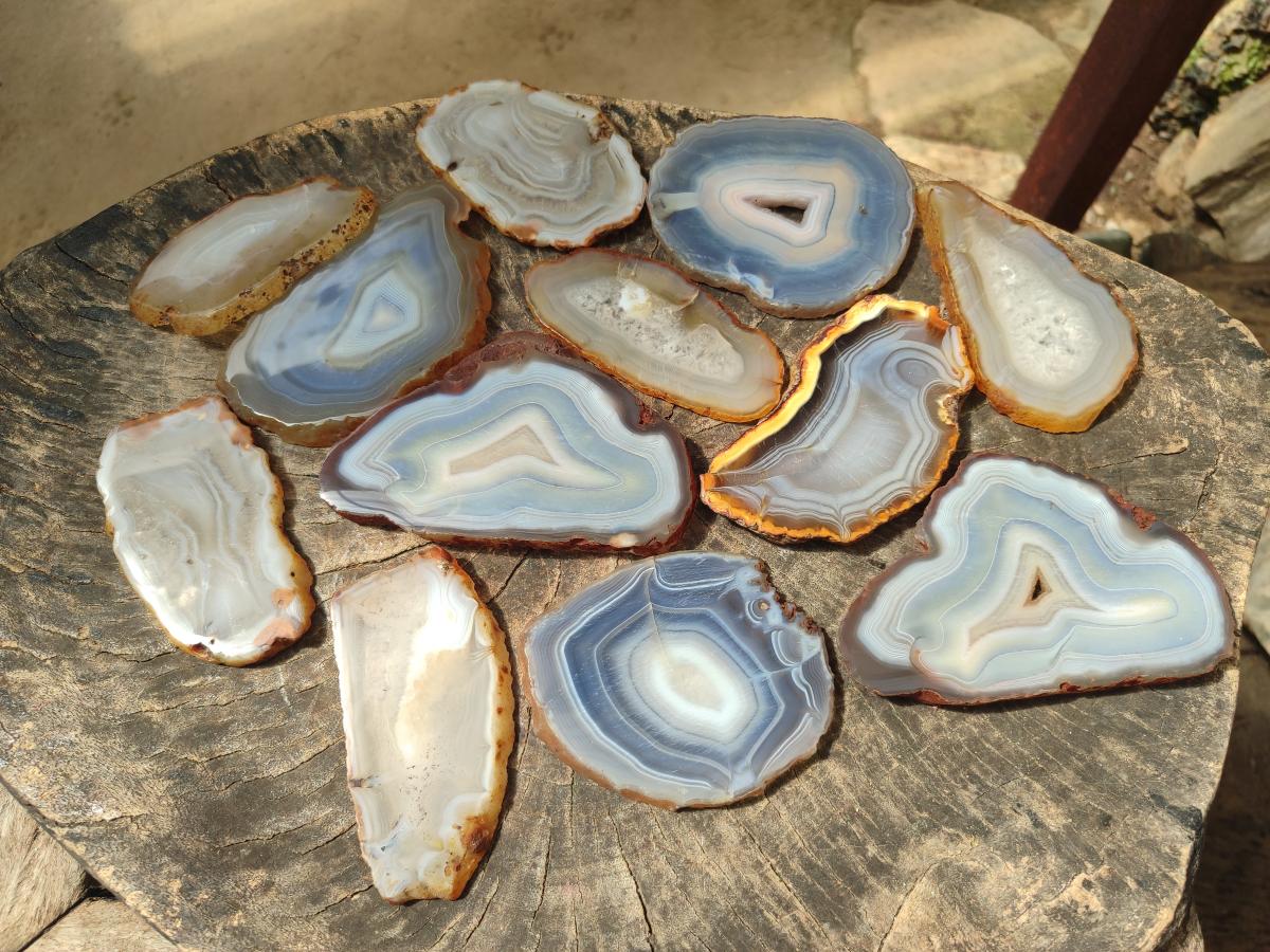Polished Banded Agate Slices x 12 From Madagascar - Toprock Gemstones and Minerals 