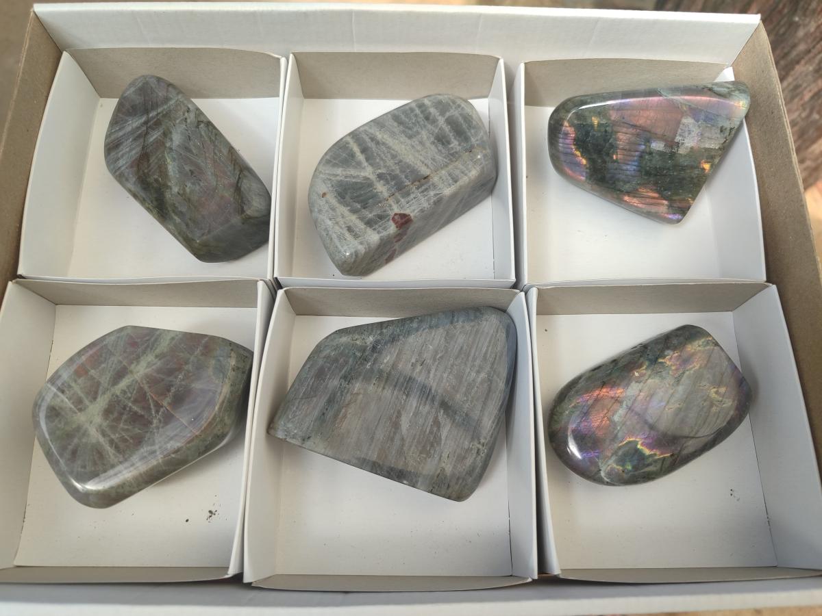 Polished Rare Purple Sunset Flash Labradorite Standing Display Pieces x 6 From Madagascar - Toprock Gemstones and Minerals 