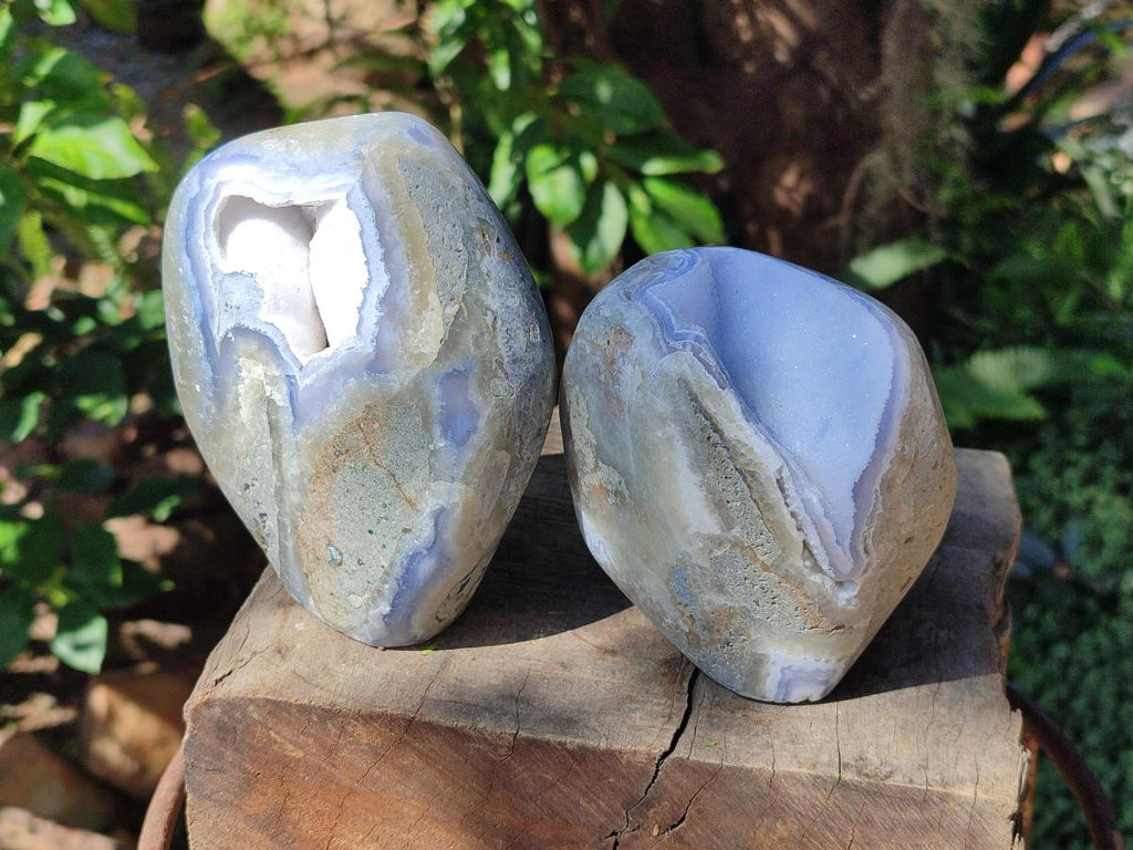 Polished Blue Lace Agate Standing Display Geodes x 2 From Nsanje, Malawi - Toprock Gemstones and Minerals 