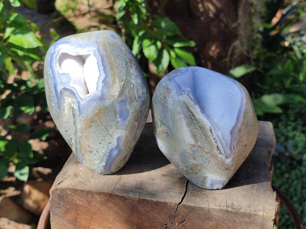 Polished Blue Lace Agate Standing Display Geodes x 2 From Nsanje, Malawi - Toprock Gemstones and Minerals 