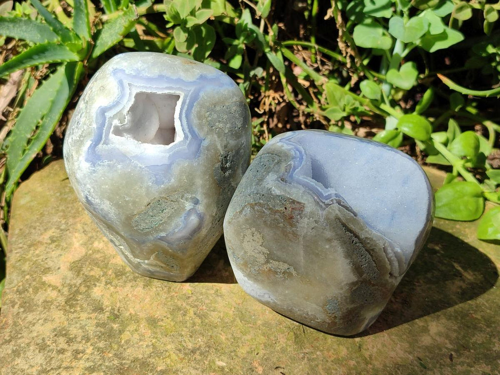 Polished Blue Lace Agate Standing Display Geodes x 2 From Nsanje, Malawi - Toprock Gemstones and Minerals 