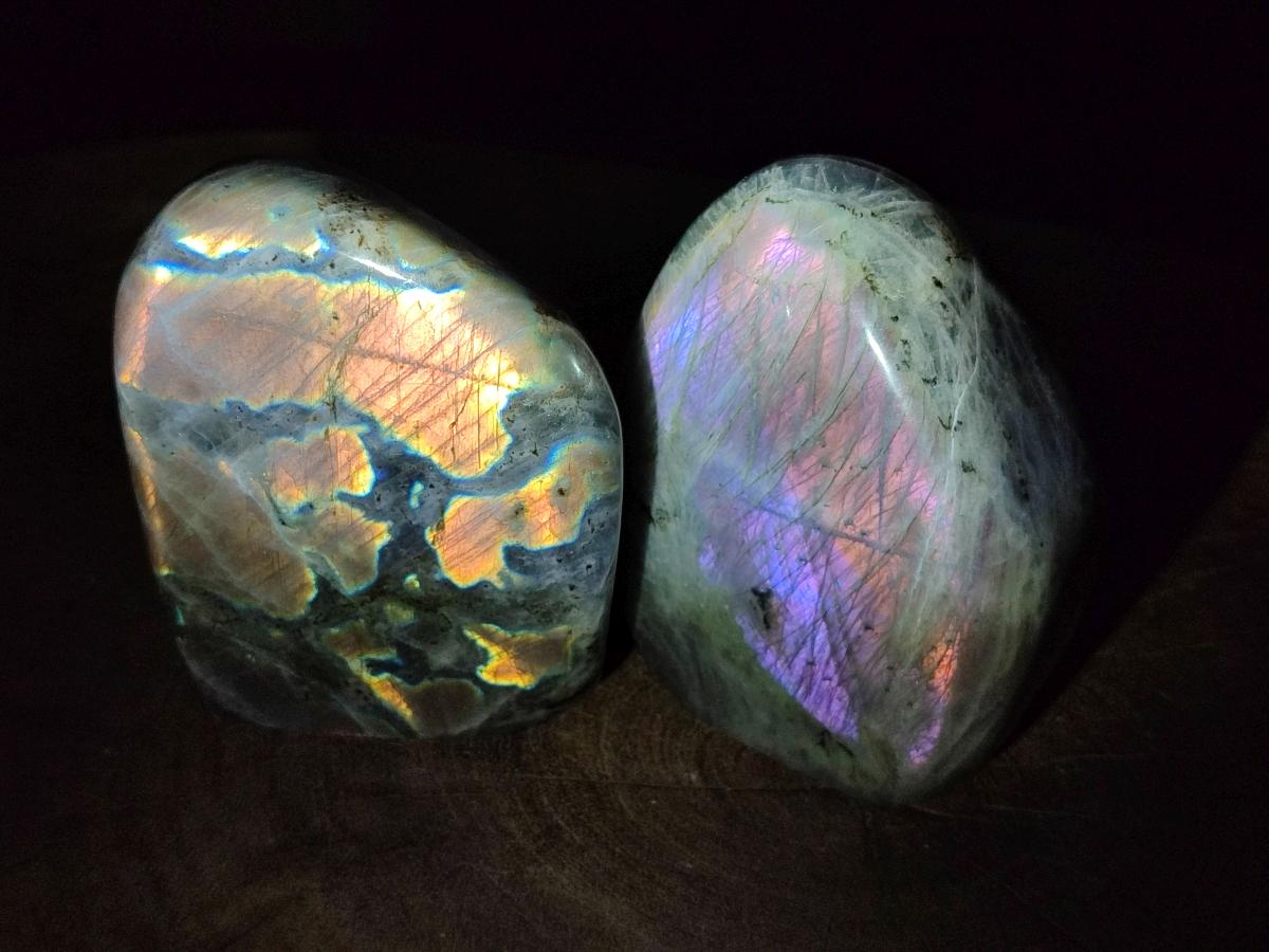 Polished Rare Purple Sunset Flash Labradorite Standing Display Pieces x 2 From Madagascar - Toprock Gemstones and Minerals 