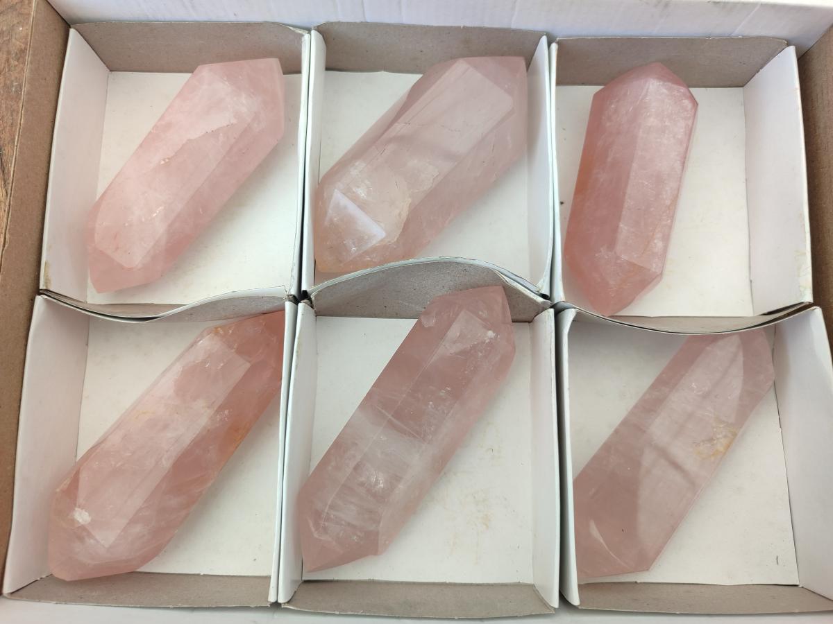 Polished Double Terminated Gemmy Rose Quartz Crystals x 6 From Madagascar - Toprock Gemstones and Minerals 