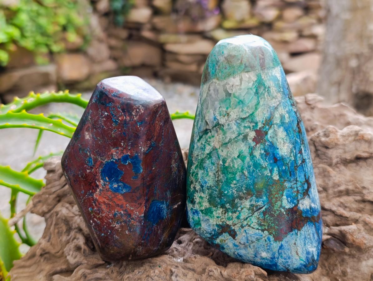 Polished Shattuckite, Malachite and Azurite Free Forms x 3 From Kaokoveld, Namibia - Toprock Gemstones and Minerals 
