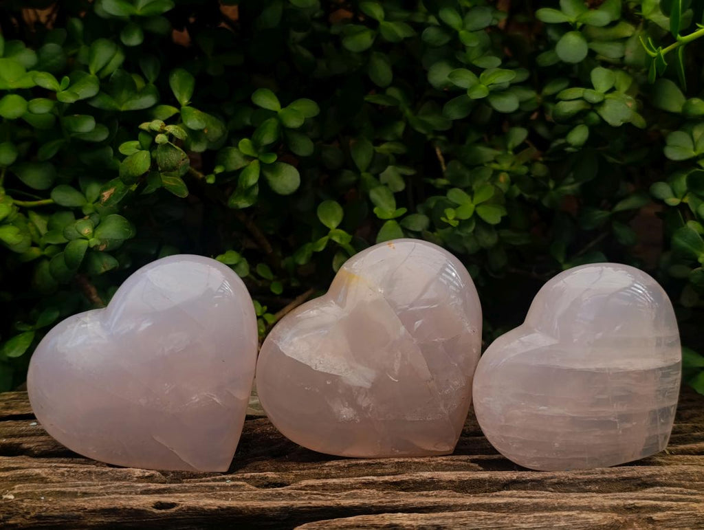 Polished Gemmy Girasol Rose Quartz Hearts x 3 From Madagascar - Toprock Gemstones and Minerals 