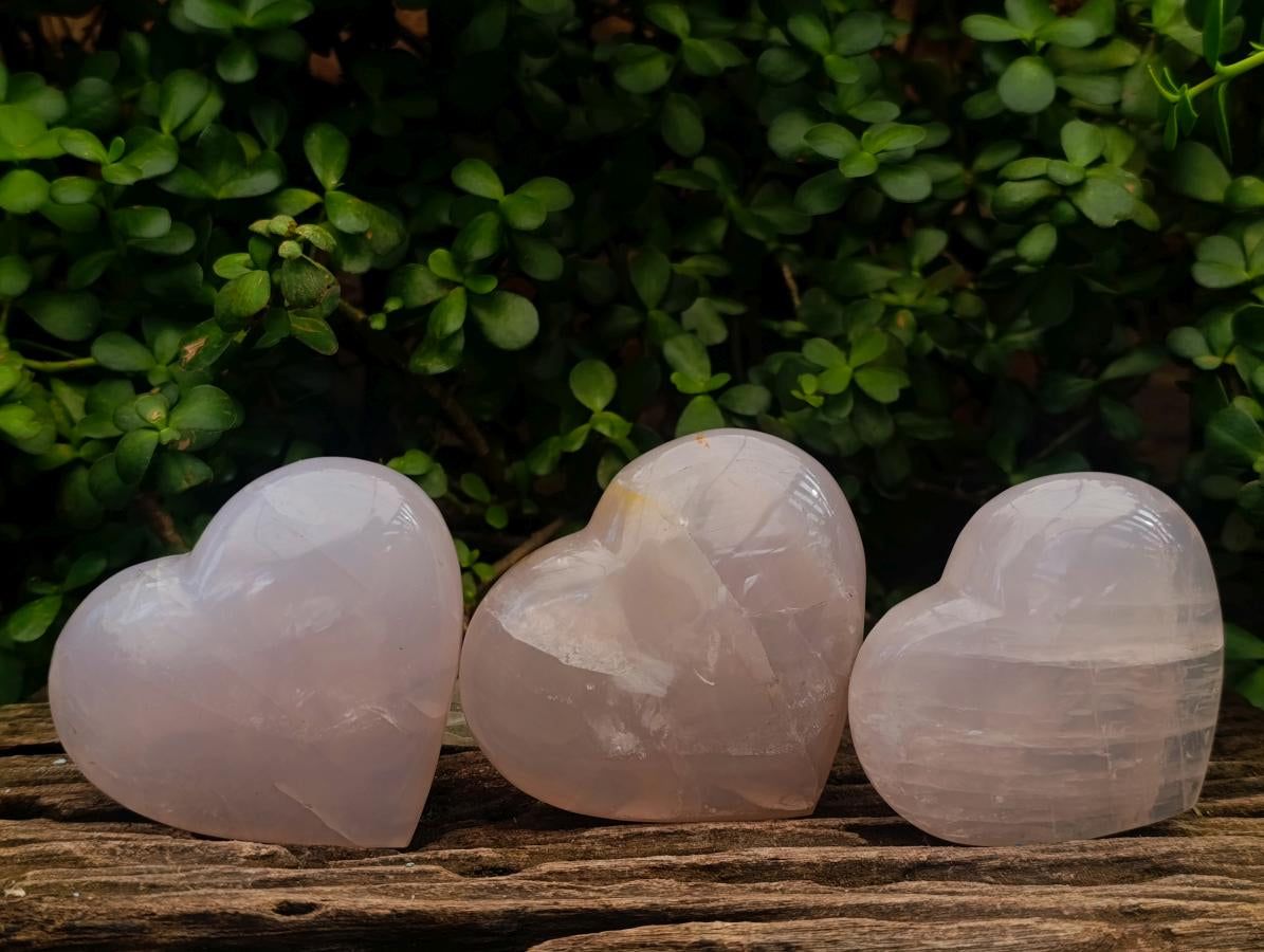 Polished Gemmy Girasol Rose Quartz Hearts x 3 From Madagascar - Toprock Gemstones and Minerals 