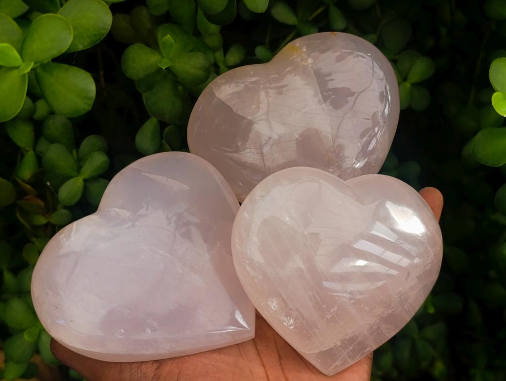 Polished Gemmy Girasol Rose Quartz Hearts x 3 From Madagascar - Toprock Gemstones and Minerals 