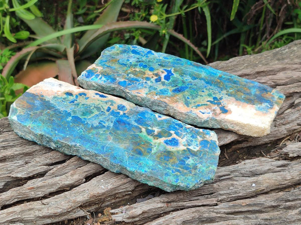 Polished Shattuckite with Chrysocolla and Malachite Slices x 3 From Koakoveld, Namibia - Toprock Gemstones and Minerals 