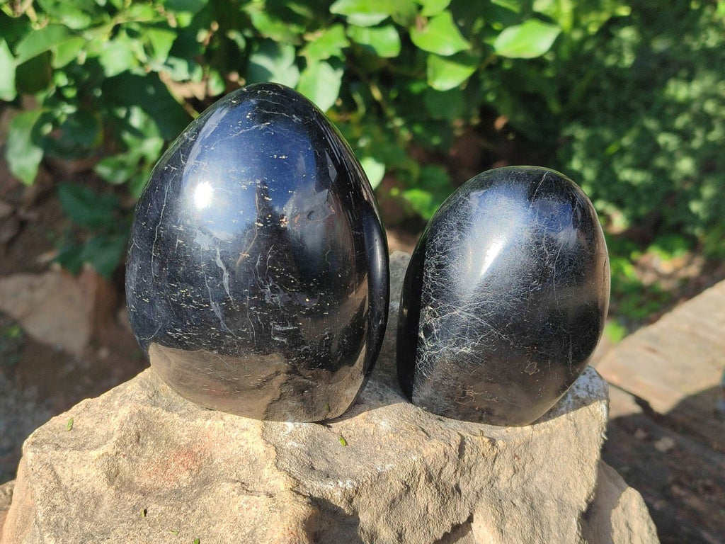 Polished Black Tourmaline Standing Free Forms x 2 From Madagascar - Toprock Gemstones and Minerals 
