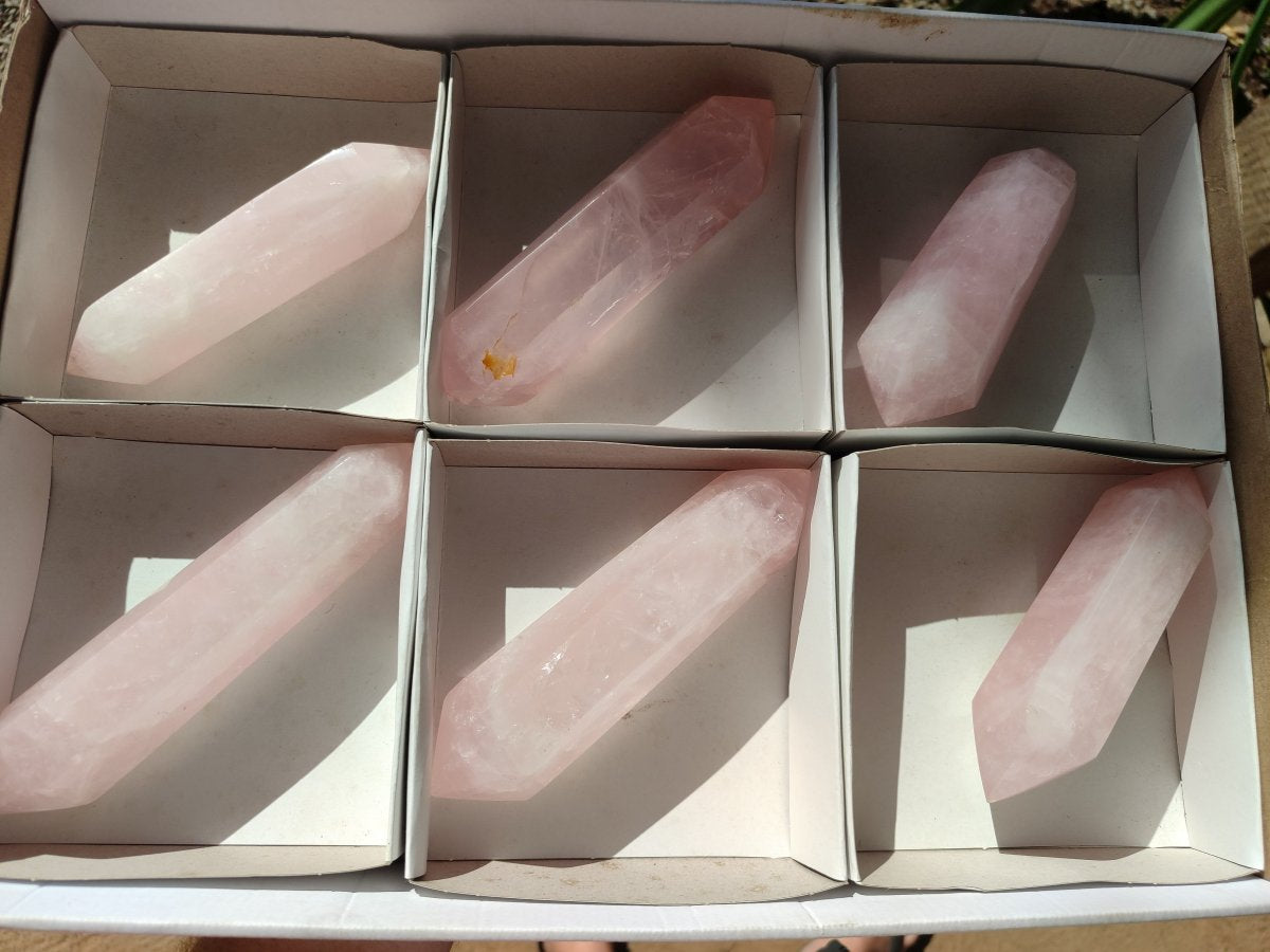 Polished Double Terminated Gemmy Rose Quartz Crystals x 6 From Madagascar - Toprock Gemstones and Minerals 