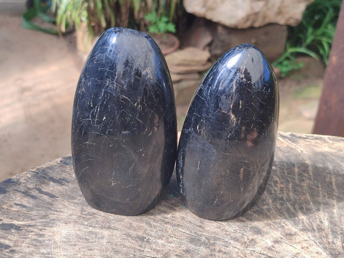 Polished Black Tourmaline Standing Free Forms x 2 From Madagascar - Toprock Gemstones and Minerals 