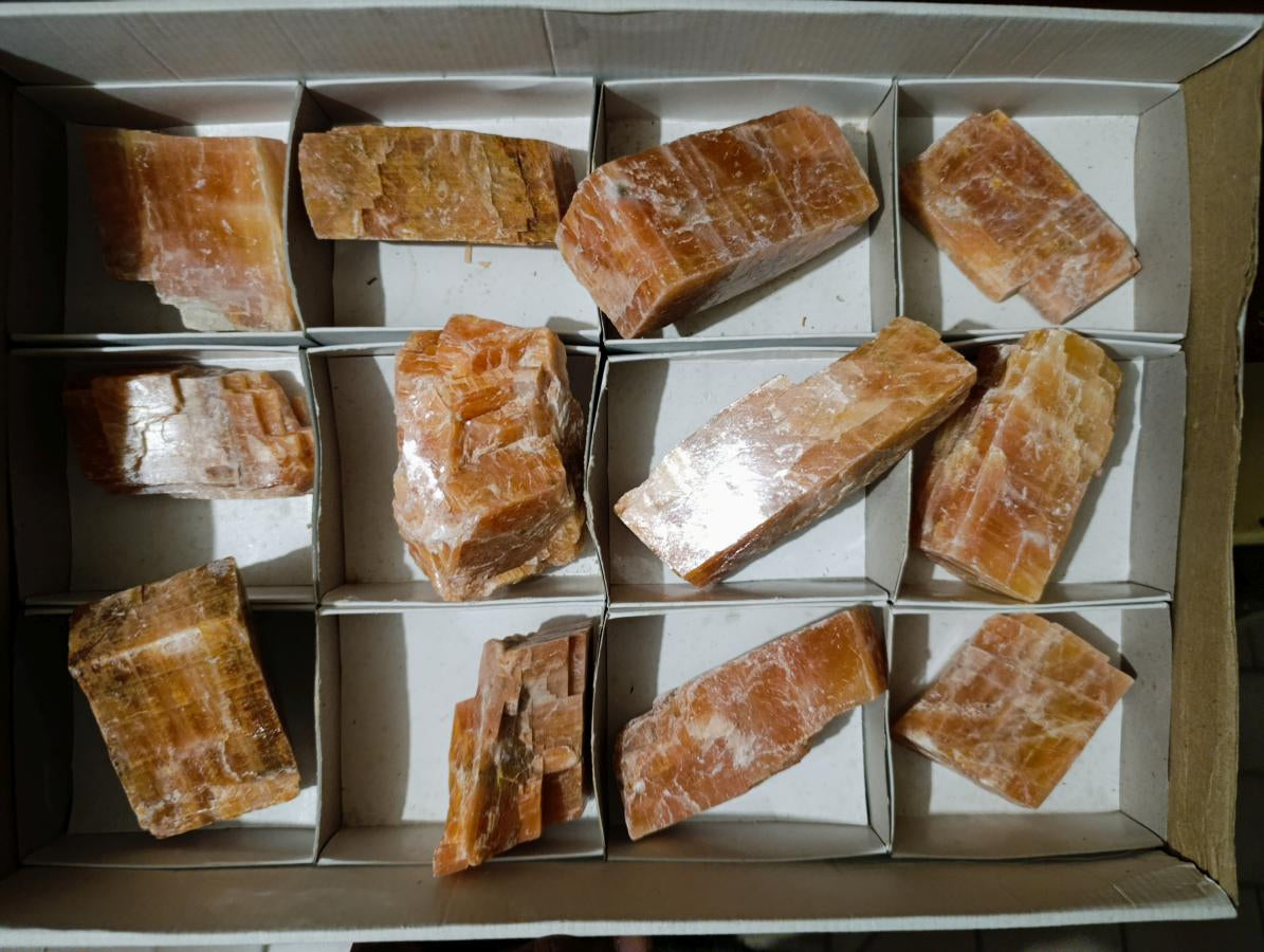 Natural Rhombohedral Sunset Orange Calcite Specimens x 12 From Spitzkop, Namibia - Toprock Gemstones and Minerals 