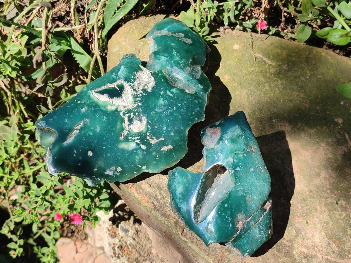 Polished On One Side Mtorolite Chrysoprase Plates x 2 From Mutorashanga, Zimbabwe - Toprock Gemstones and Minerals 