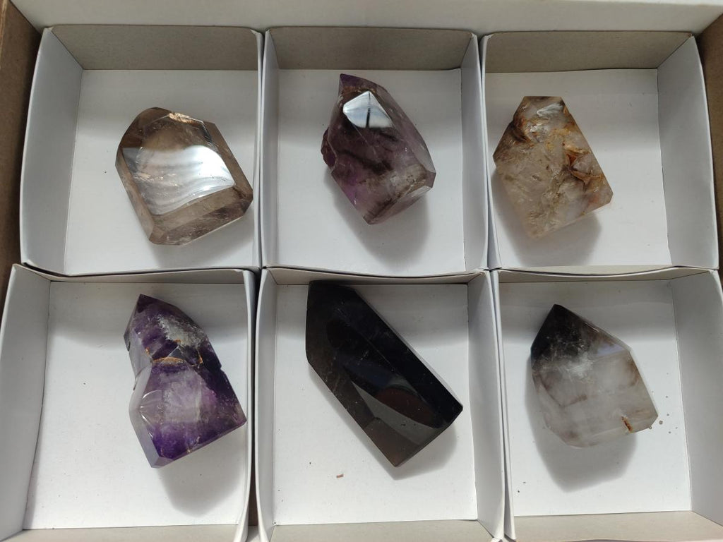 Polished Smokey Quartz and Amethyst Window Crystals x 6 From Akansobe, Madagascar - Toprock Gemstones and Minerals 